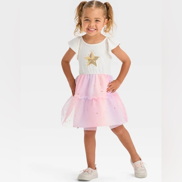 Cat & Jack Baby Girls 2 Piece Short Sleeve Star Tulle Dress - Cream 12M - Picture 3 of 6